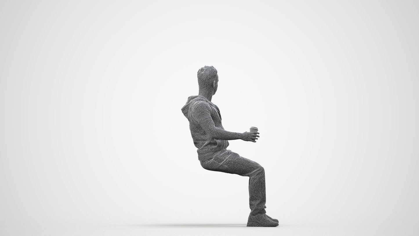 scanned 3D man casual sitting, photogrammetry people for Enscape and V-Ray, wireframe side view