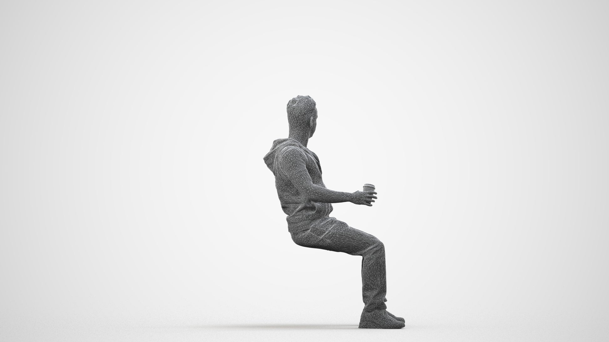 scanned 3D man casual sitting, photogrammetry people for Enscape and V-Ray, wireframe side view