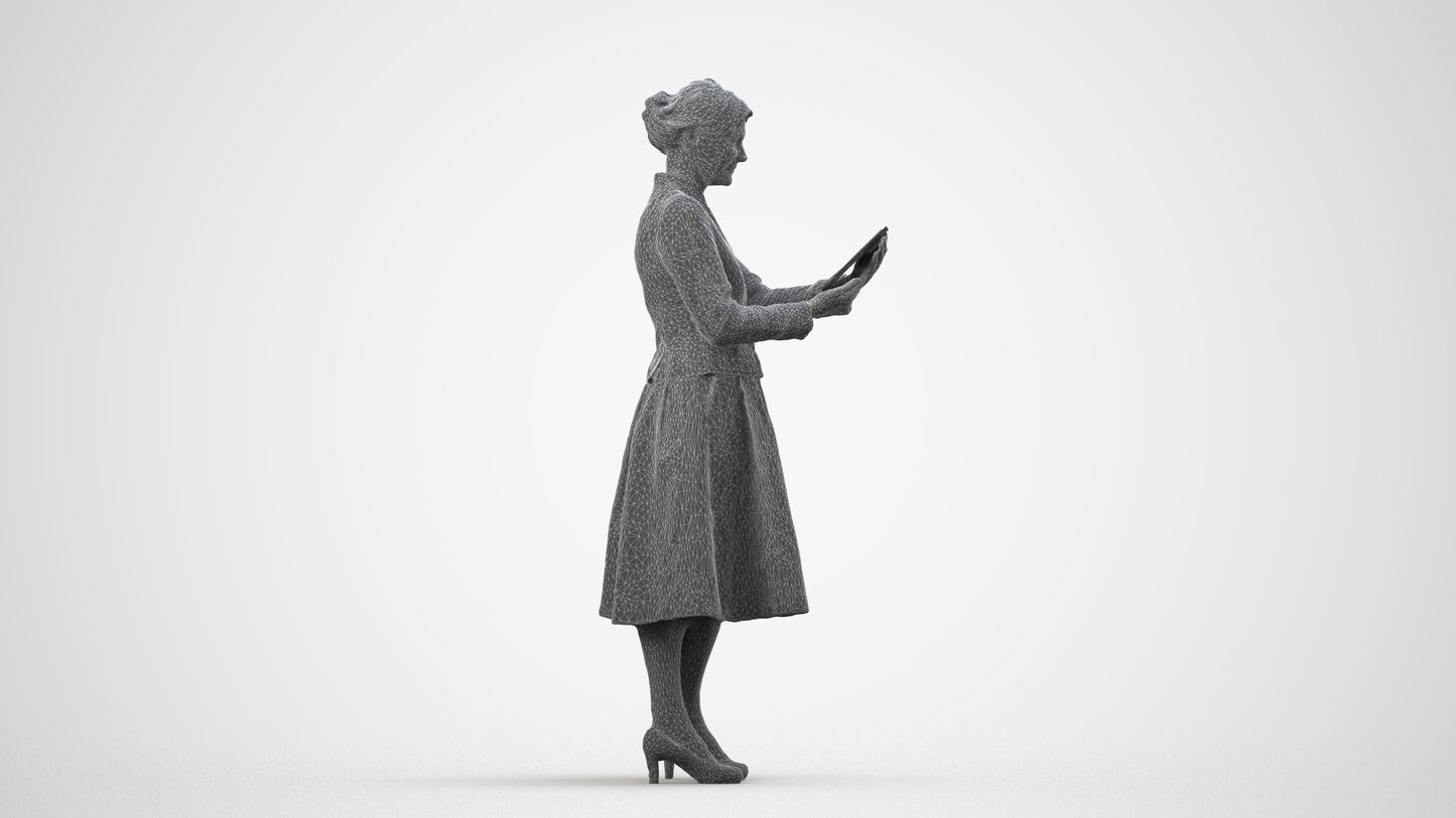 3D people model senior woman business standing, scanned human for 3ds Max rendering, wireframe side view
