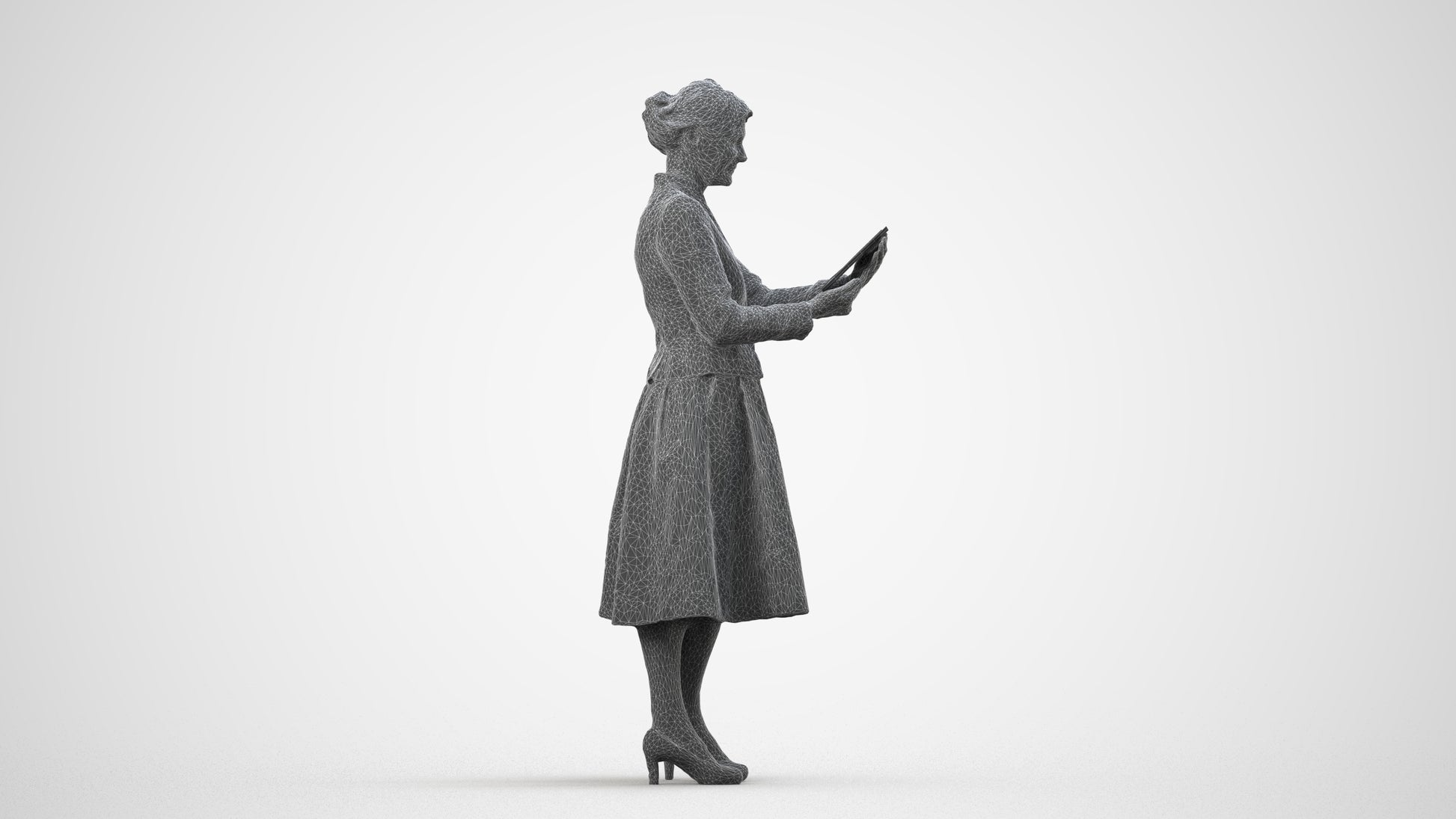 3D people model senior woman business standing, scanned human for 3ds Max rendering, wireframe side view