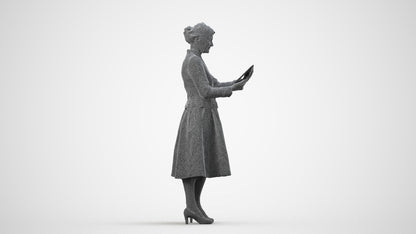 3D people model senior woman business standing, scanned human for 3ds Max rendering, wireframe side view