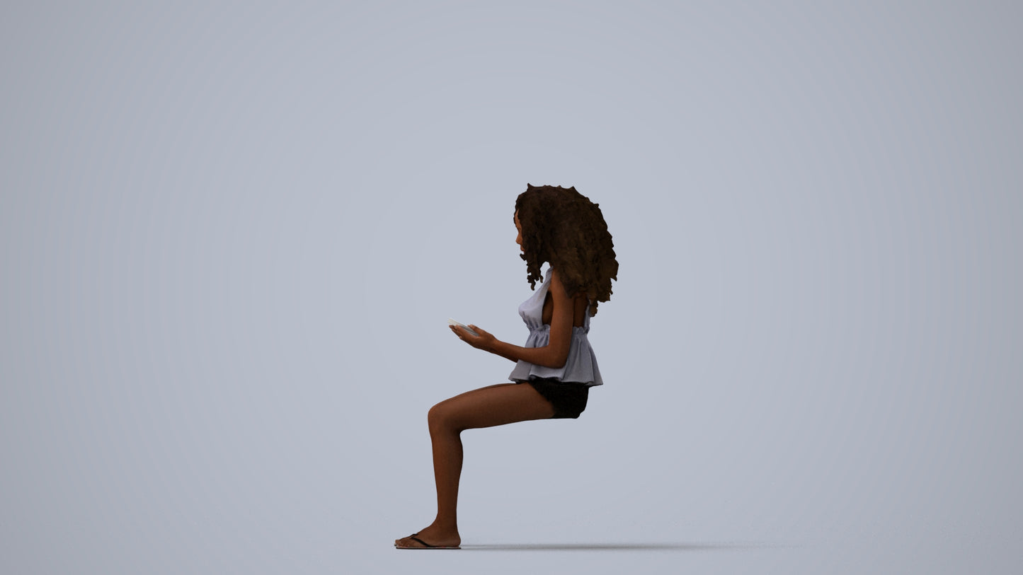 realistic 3D woman casual sitting, scanned archviz people for Blender and 3ds Max, three-quarter view render