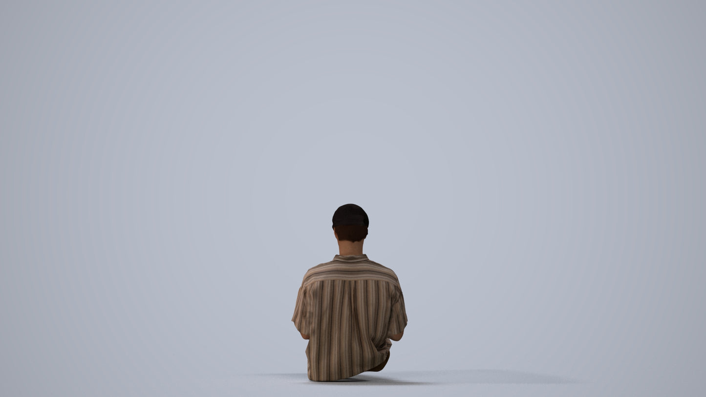 photogrammetry 3D man casual sitting, realistic human model archviz FBX, three-quarter view render