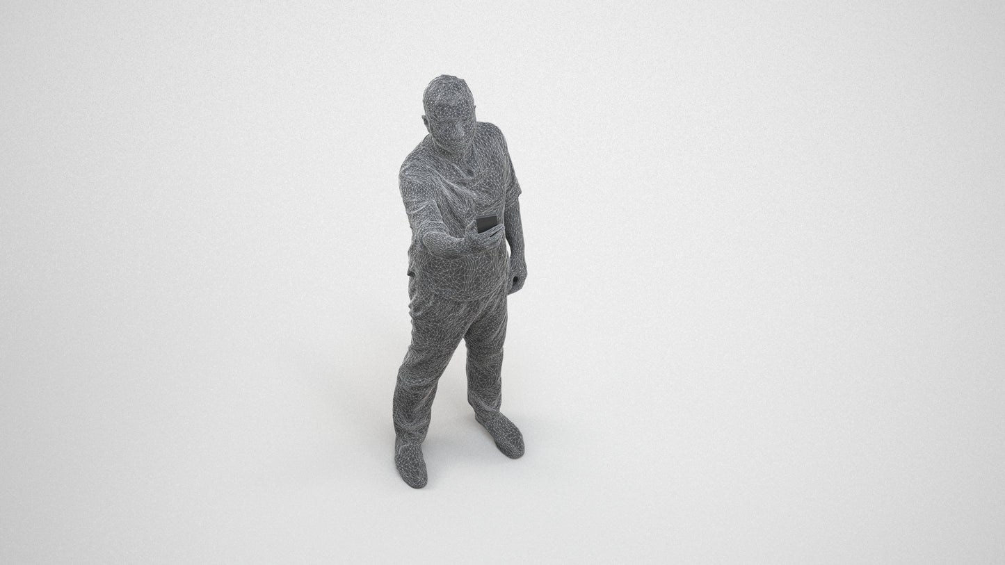 scanned 3D man casual standing, photogrammetry people for Enscape and V-Ray, wireframe three-quarter view