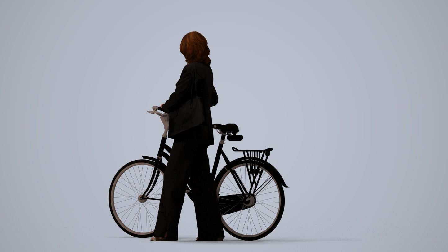 3D scanned senior woman cycling business, photorealistic archviz people for Enscape and SketchUp, three-quarter view render