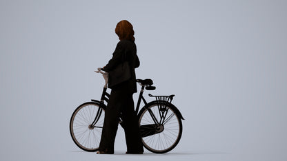 3D scanned senior woman cycling business, photorealistic archviz people for Enscape and SketchUp, three-quarter view render