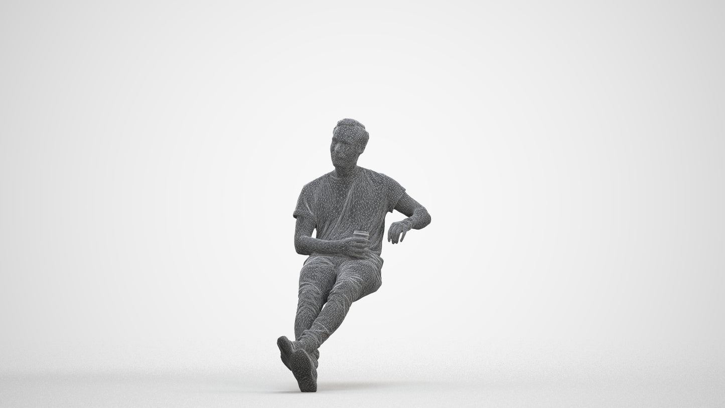 3D people model man casual sitting, scanned human for 3ds Max rendering, three-quarter front view render