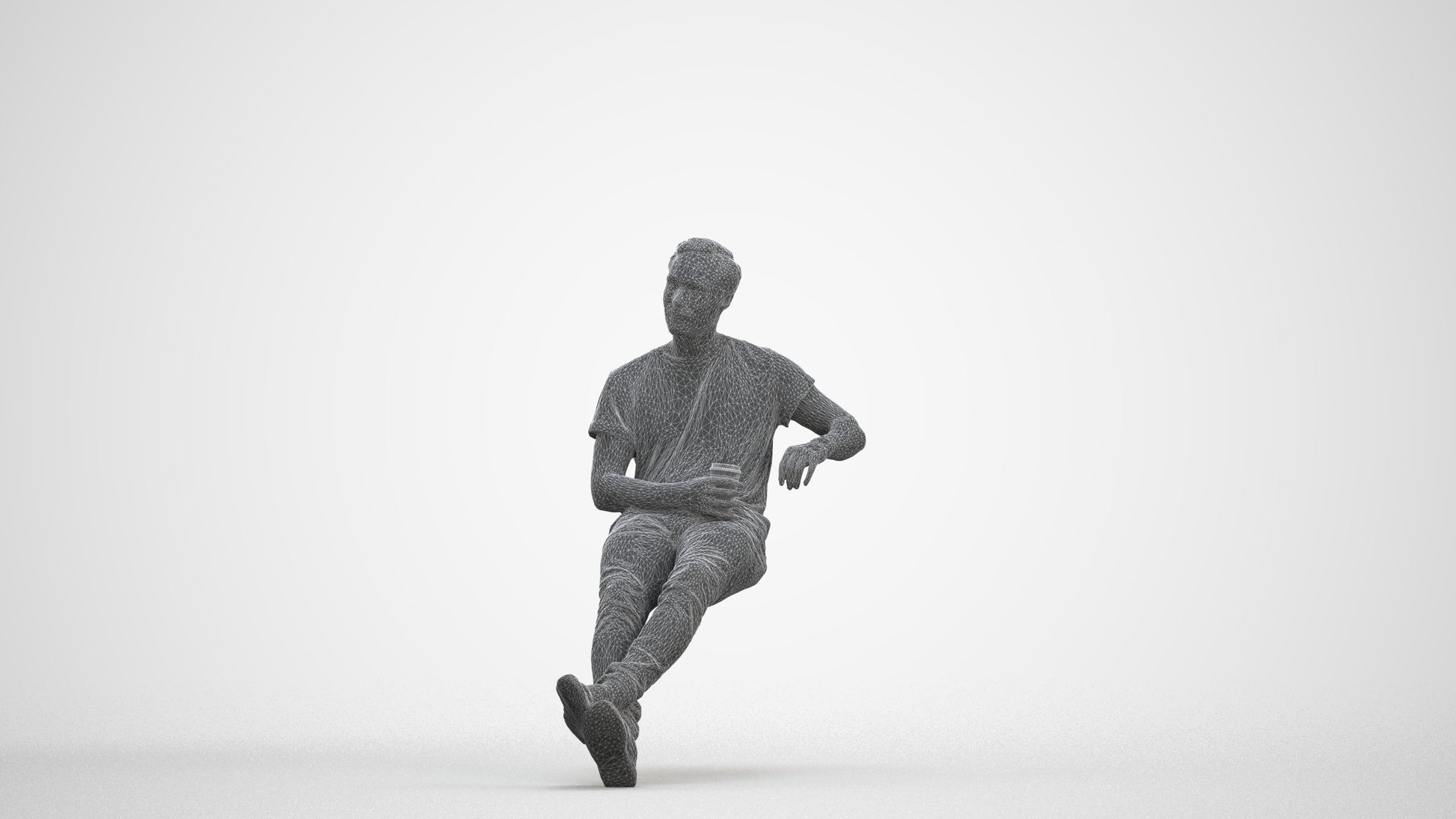 3D people model man casual sitting, scanned human for 3ds Max rendering, three-quarter front view render