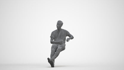 3D people model man casual sitting, scanned human for 3ds Max rendering, three-quarter front view render
