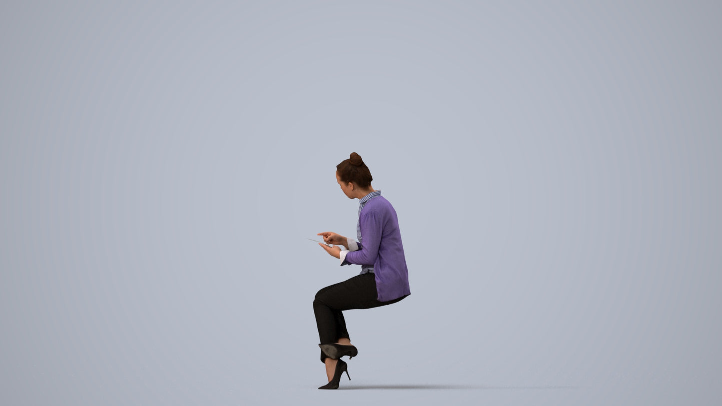 realistic 3D woman business sitting, scanned archviz people for Blender and 3ds Max, three-quarter view render