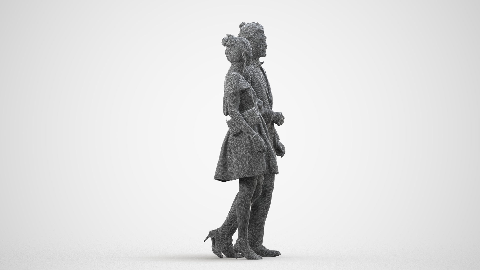 photogrammetry 3D woman formal couple, realistic human model archviz FBX, wireframe side view