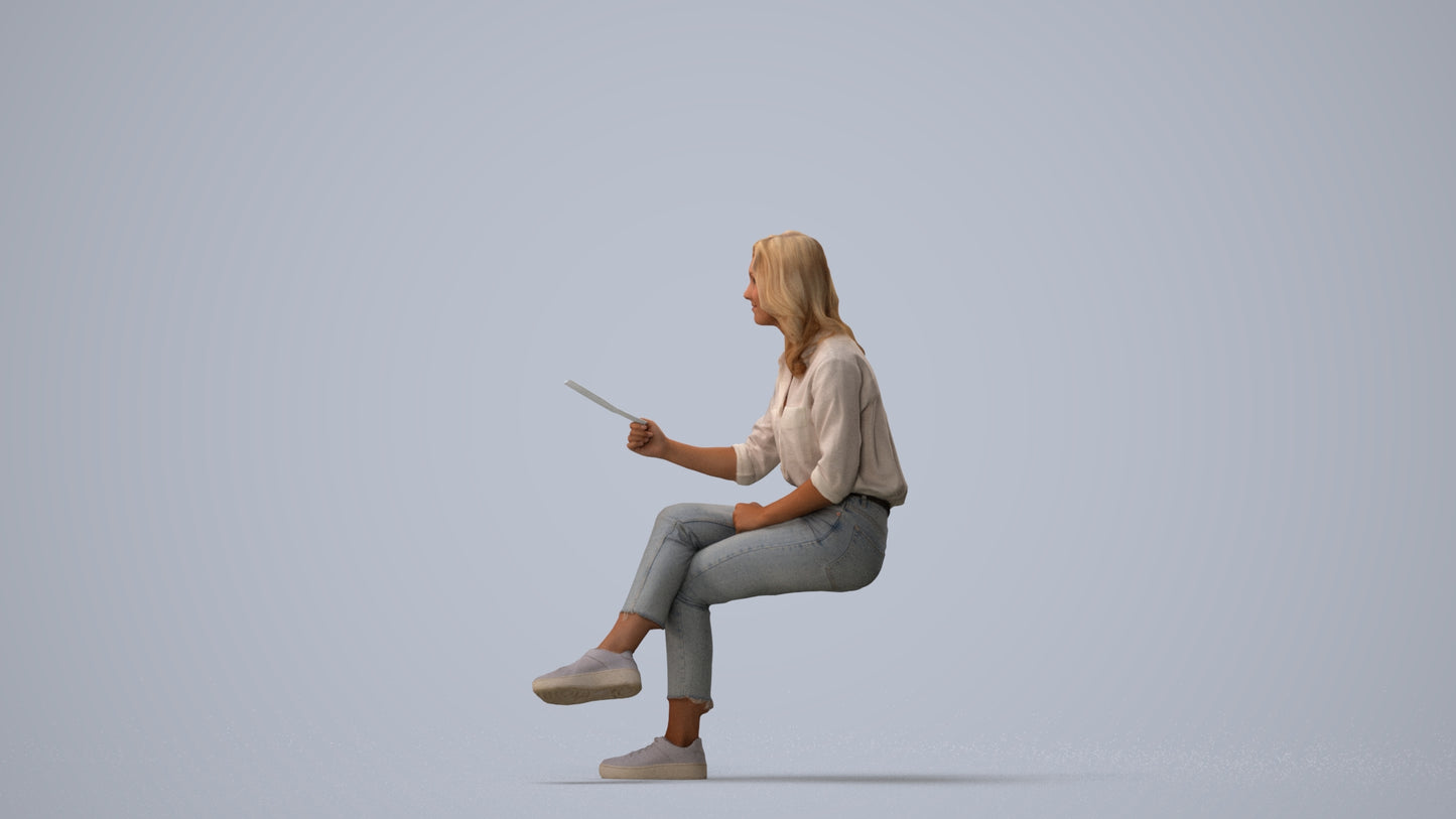 photogrammetry 3D woman casual sitting, realistic human model archviz FBX, three-quarter view render