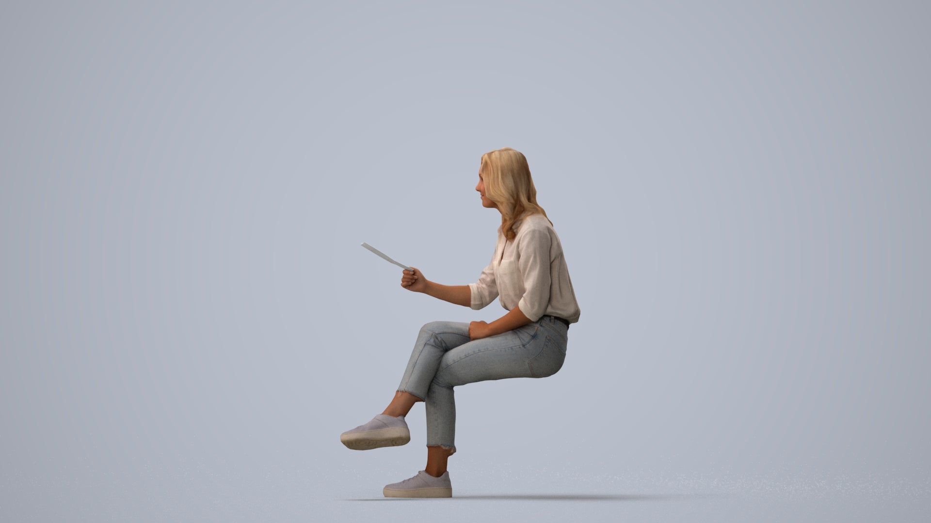 photogrammetry 3D woman casual sitting, realistic human model archviz FBX, three-quarter view render