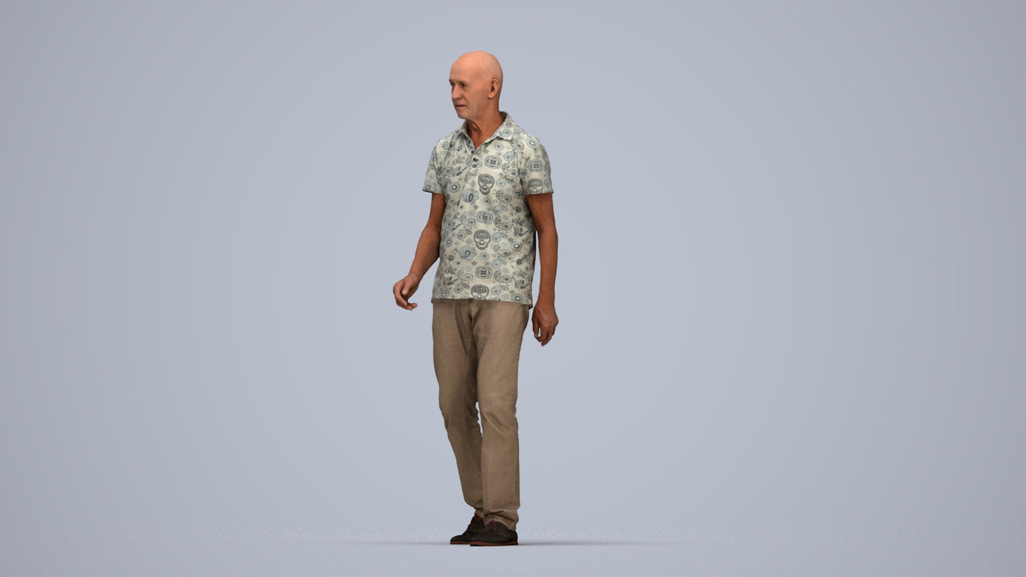 scanned 3D senior man casual walking, photogrammetry people for Enscape and V-Ray, top-down view render