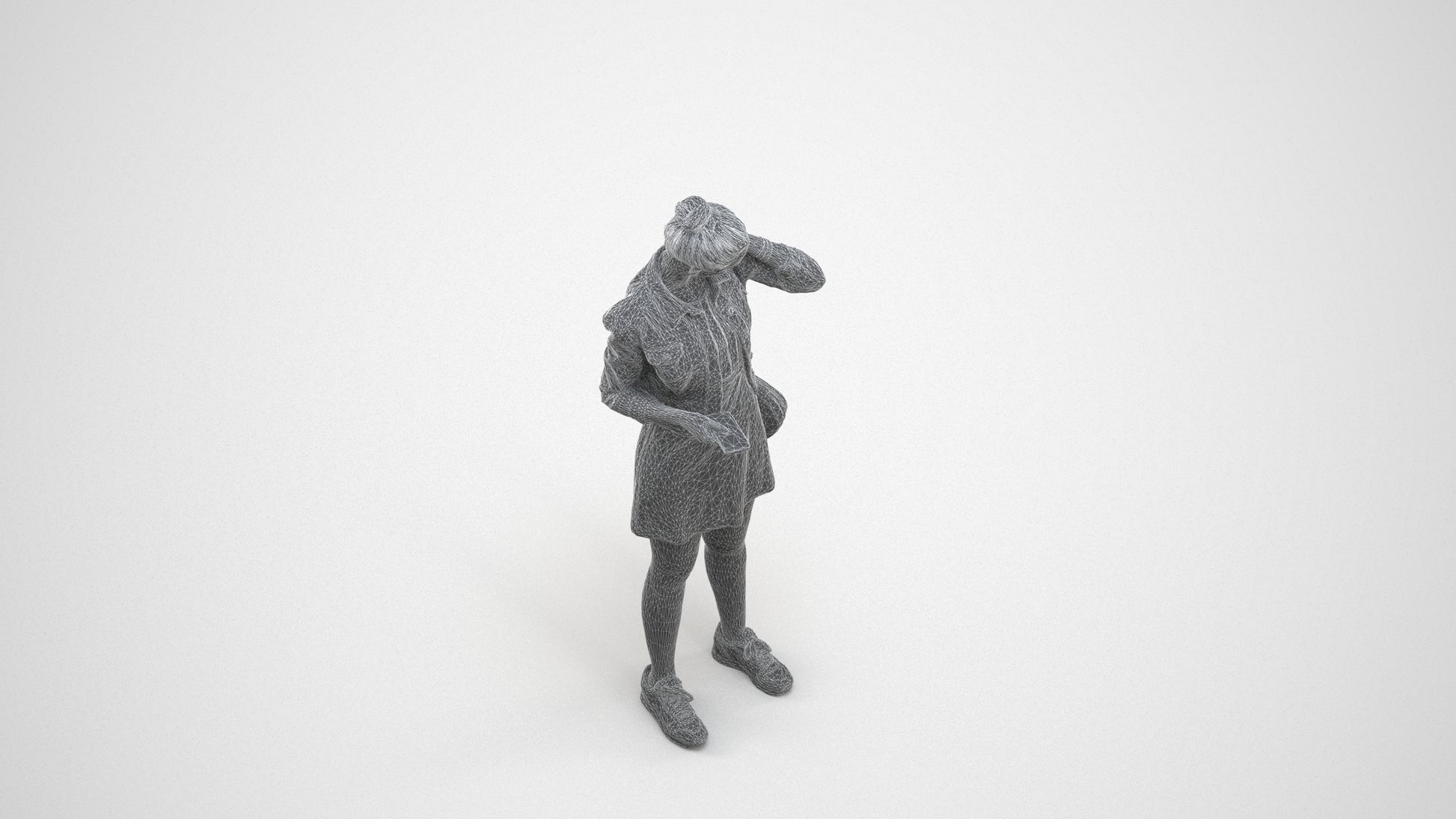realistic 3D woman casual standing, scanned archviz people for Blender and 3ds Max, wireframe three-quarter view