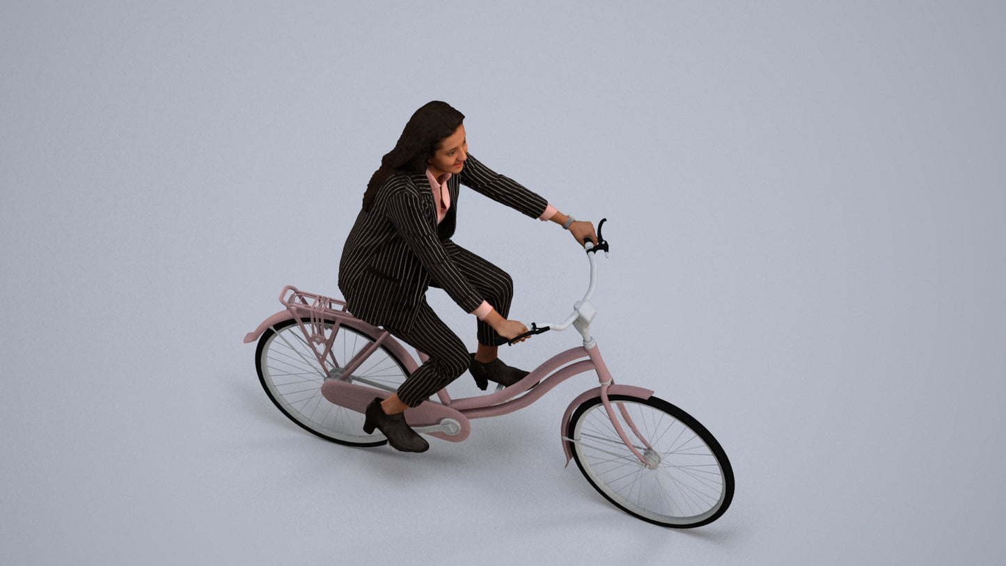 photogrammetry 3D woman business cycling, realistic human model archviz FBX, back view render