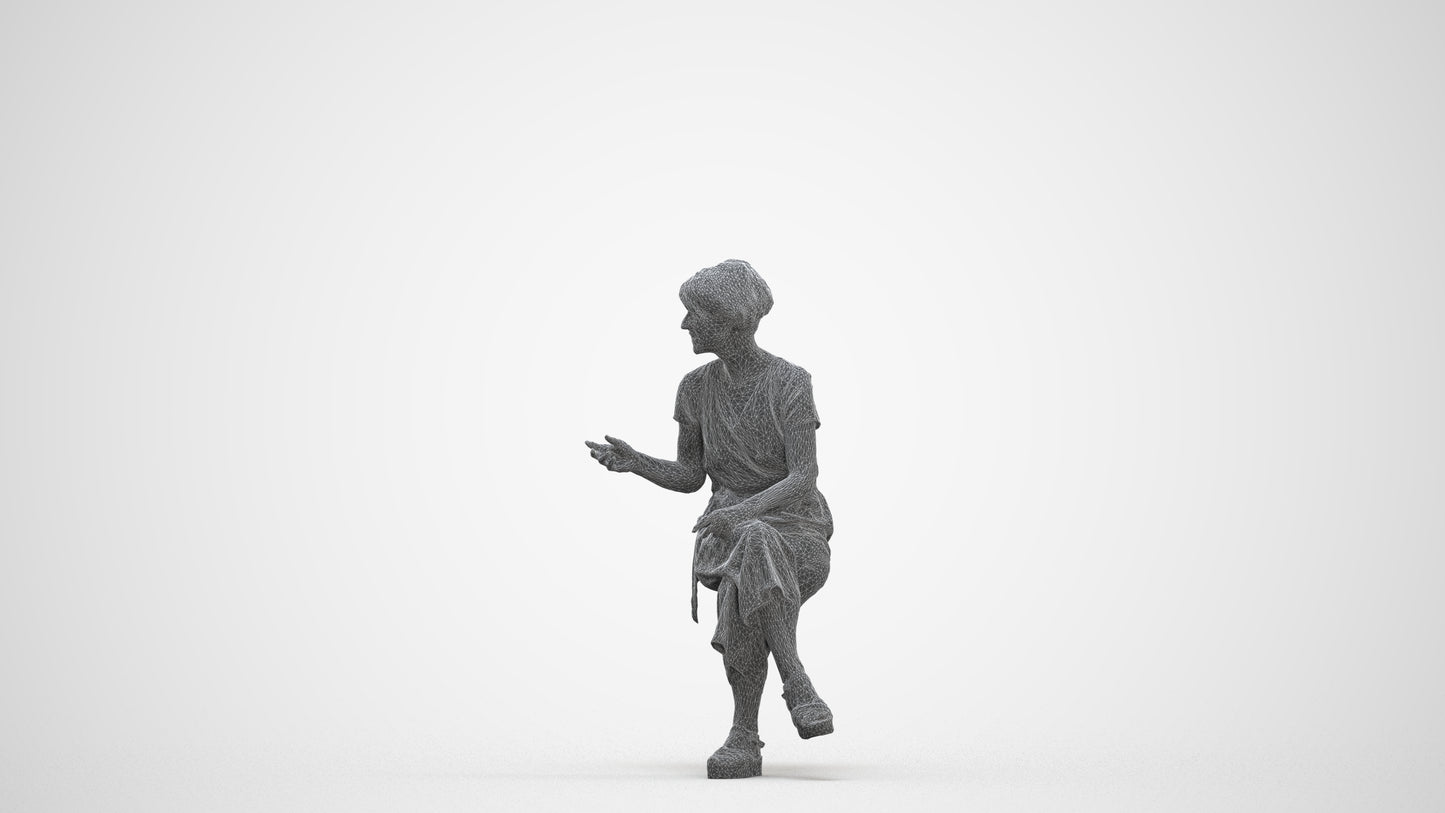 photogrammetry 3D senior woman casual sitting, realistic human model archviz FBX, three-quarter front view render