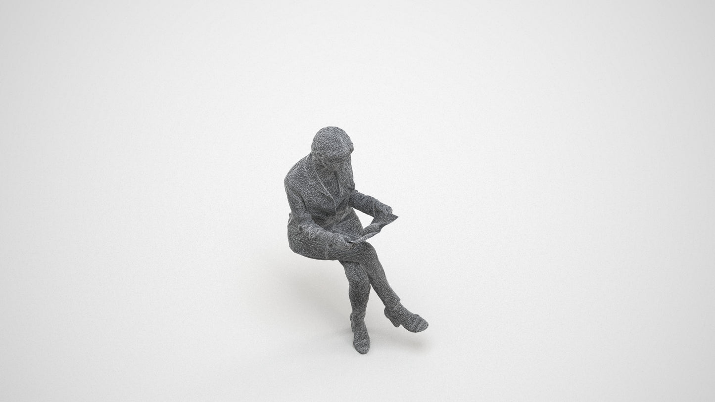 3D people model woman casual sitting, scanned human for 3ds Max rendering, wireframe three-quarter view