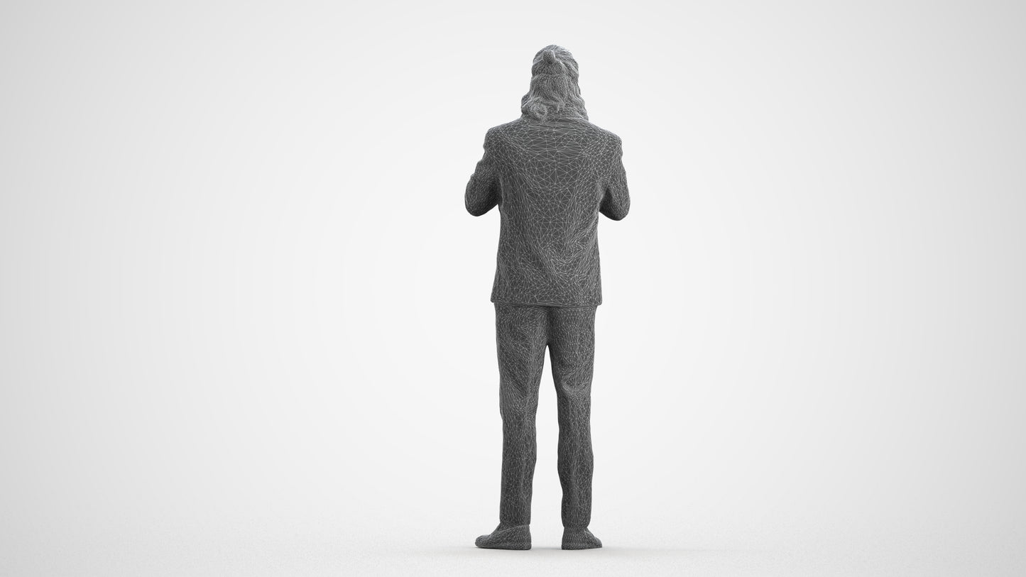 3D human model man formal cycling, photogrammetry scanned person for archviz, wireframe front view