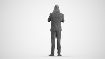 3D human model man formal cycling, photogrammetry scanned person for archviz, wireframe front view