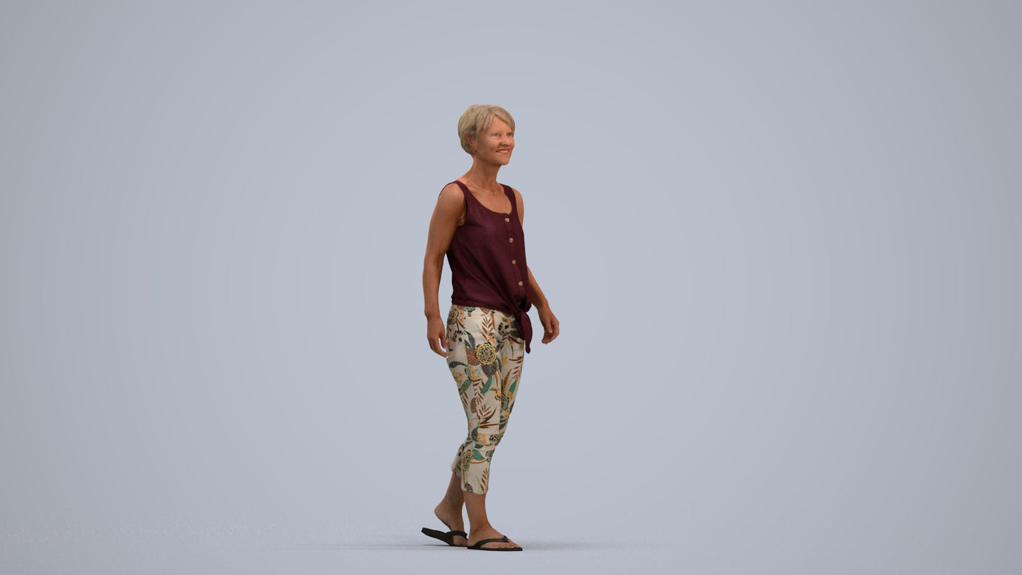 3D human model senior woman walking, photogrammetry scanned person for archviz, standing pose render