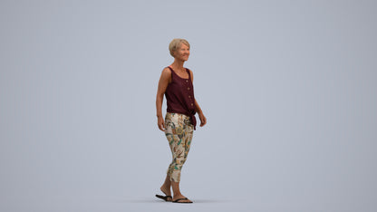 3D human model senior woman walking, photogrammetry scanned person for archviz, standing pose render