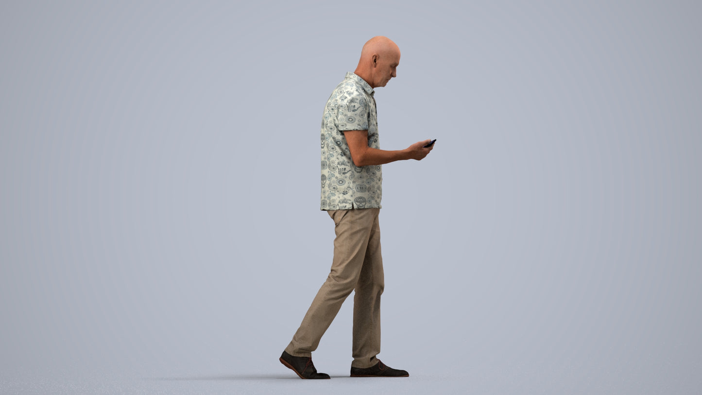realistic 3D people senior man casual walking, render-ready for V-Ray and Corona, FBX OBJ, side view render