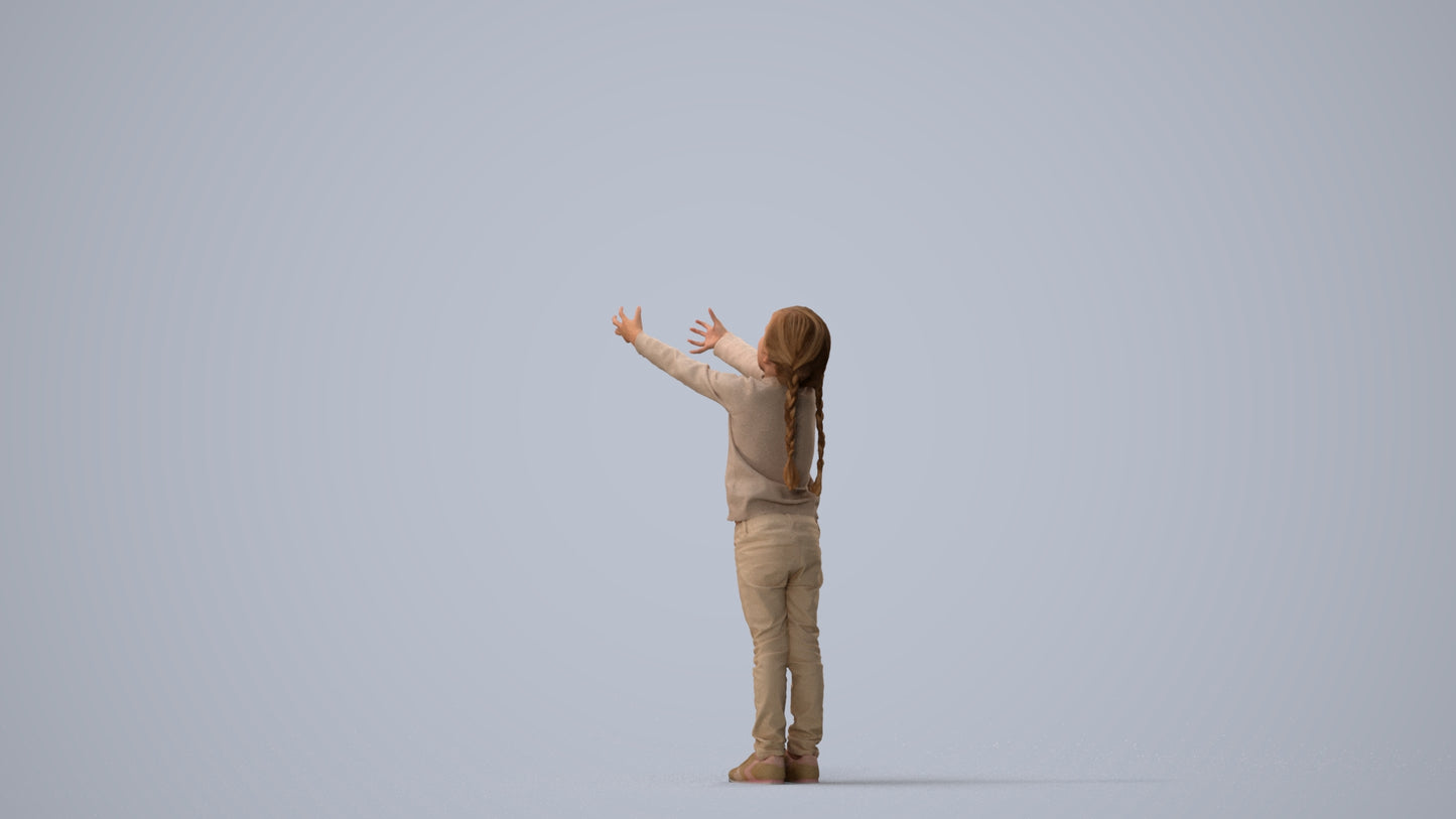 3D human model girl casual kids, photogrammetry scanned person for archviz, three-quarter view render