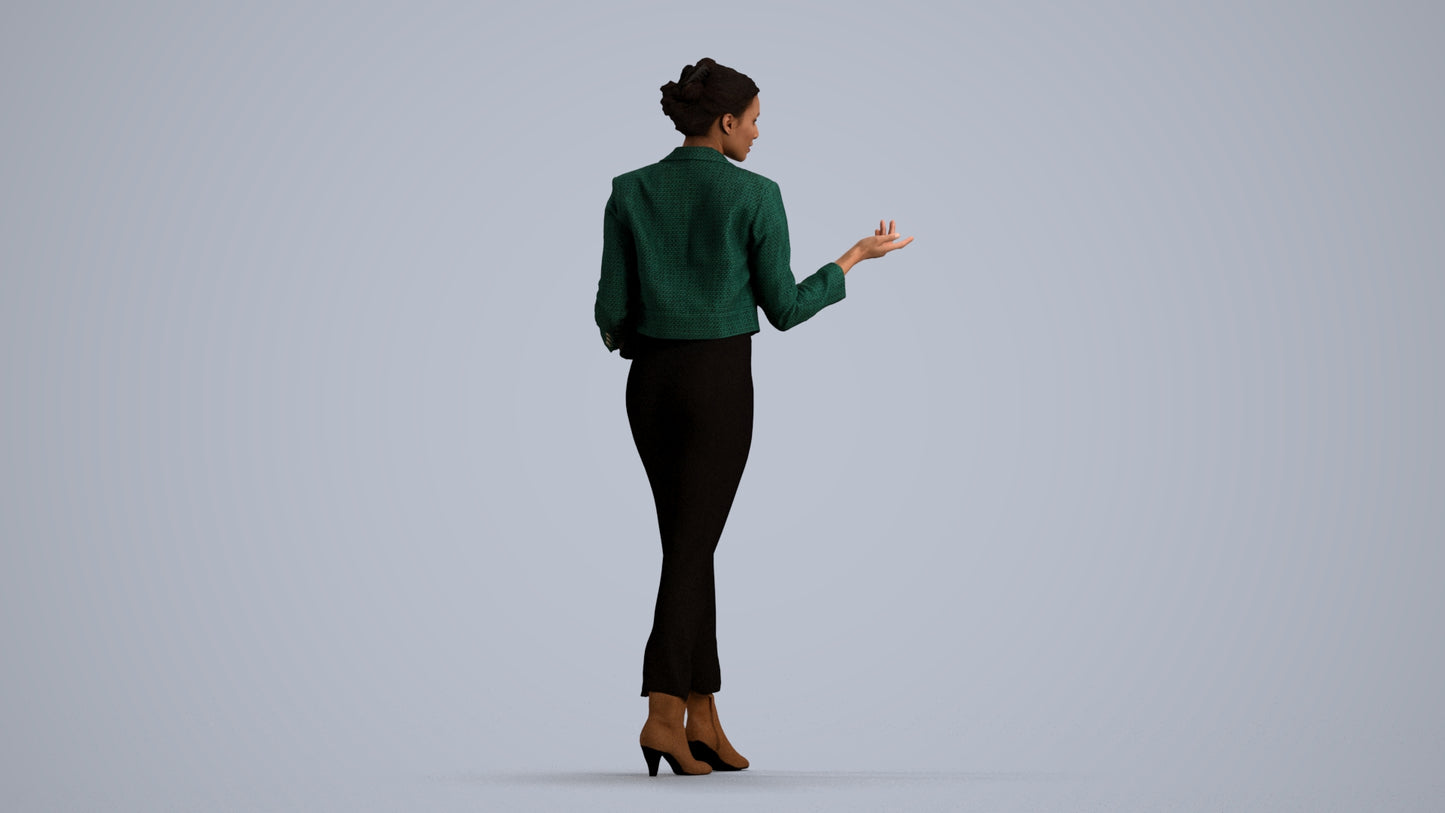 3D human model woman business standing, photogrammetry scanned person for archviz, front view render