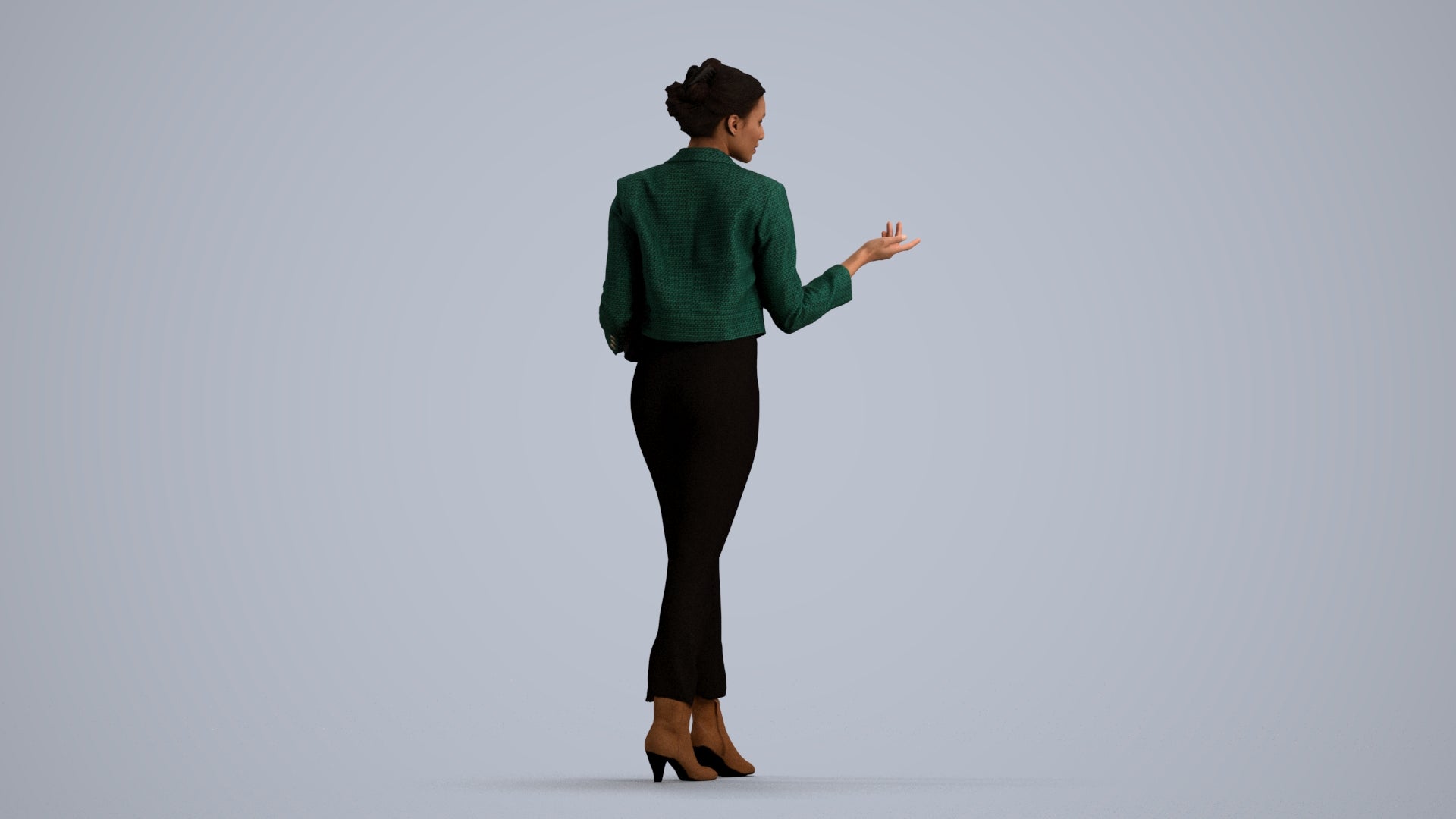 3D human model woman business standing, photogrammetry scanned person for archviz, front view render