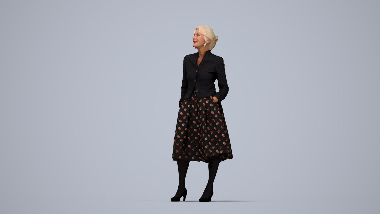 realistic 3D people senior woman business standing, render-ready for V-Ray and Corona, FBX OBJ, top-down view render