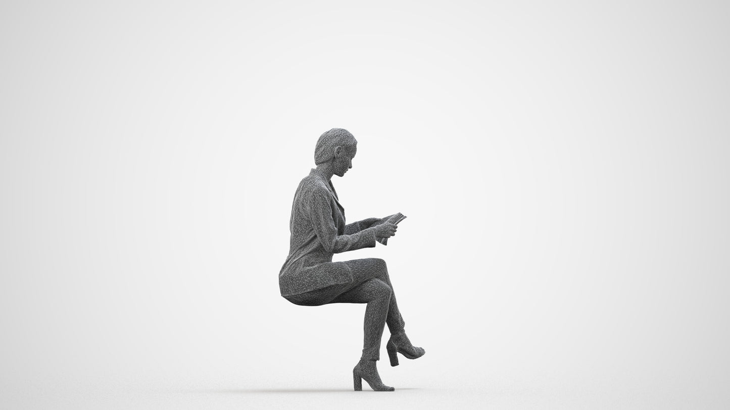 3D people model woman casual sitting, scanned human for 3ds Max rendering, wireframe side view