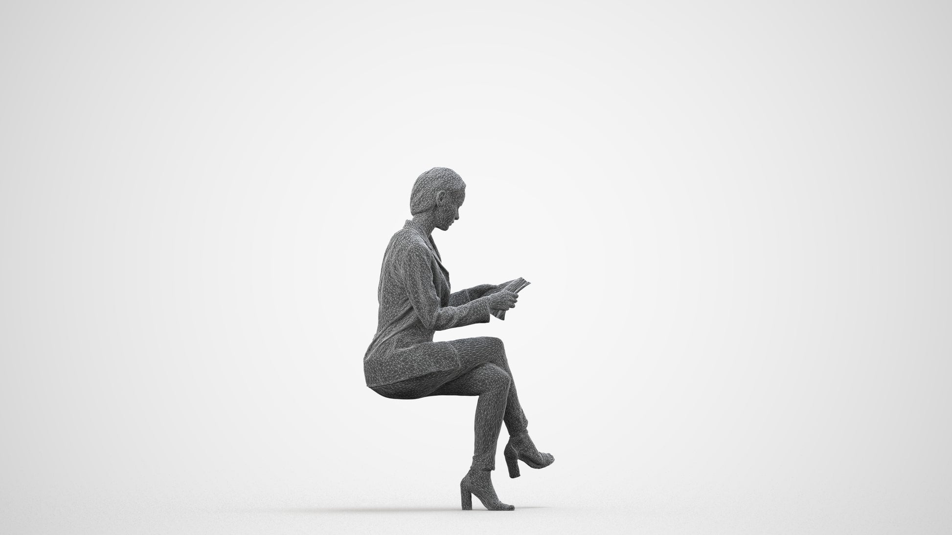 3D people model woman casual sitting, scanned human for 3ds Max rendering, wireframe side view