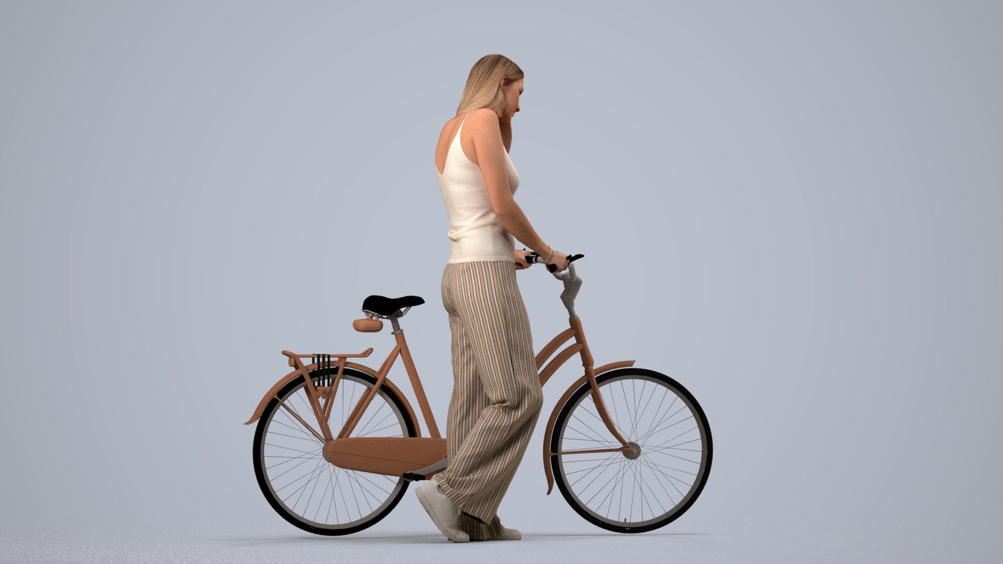 realistic 3D people woman casual cycling, render-ready for V-Ray and Corona, FBX OBJ, side view render