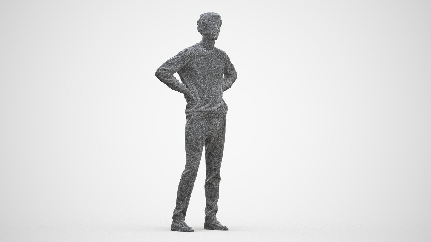 3D human model man casual standing, photogrammetry scanned person for archviz, three-quarter front view render