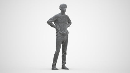 3D human model man casual standing, photogrammetry scanned person for archviz, three-quarter front view render