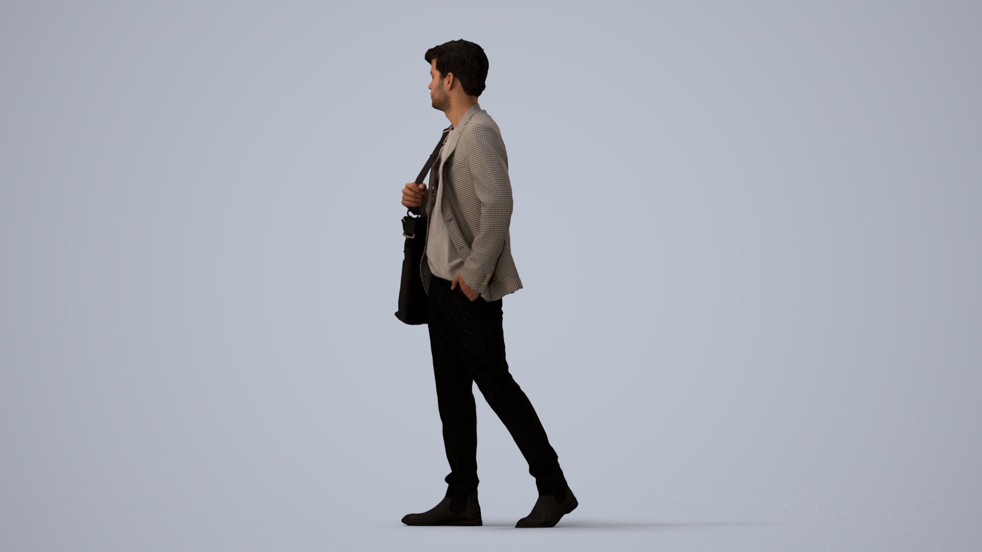 photogrammetry 3D man business standing, realistic human model archviz FBX, three-quarter view render