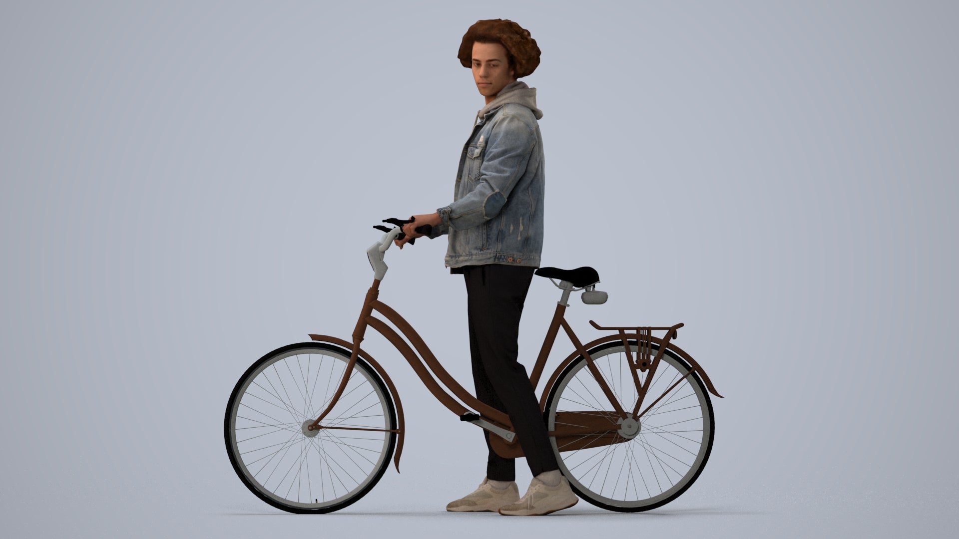 3D human model man casual cycling, photogrammetry scanned person for archviz, three-quarter view render