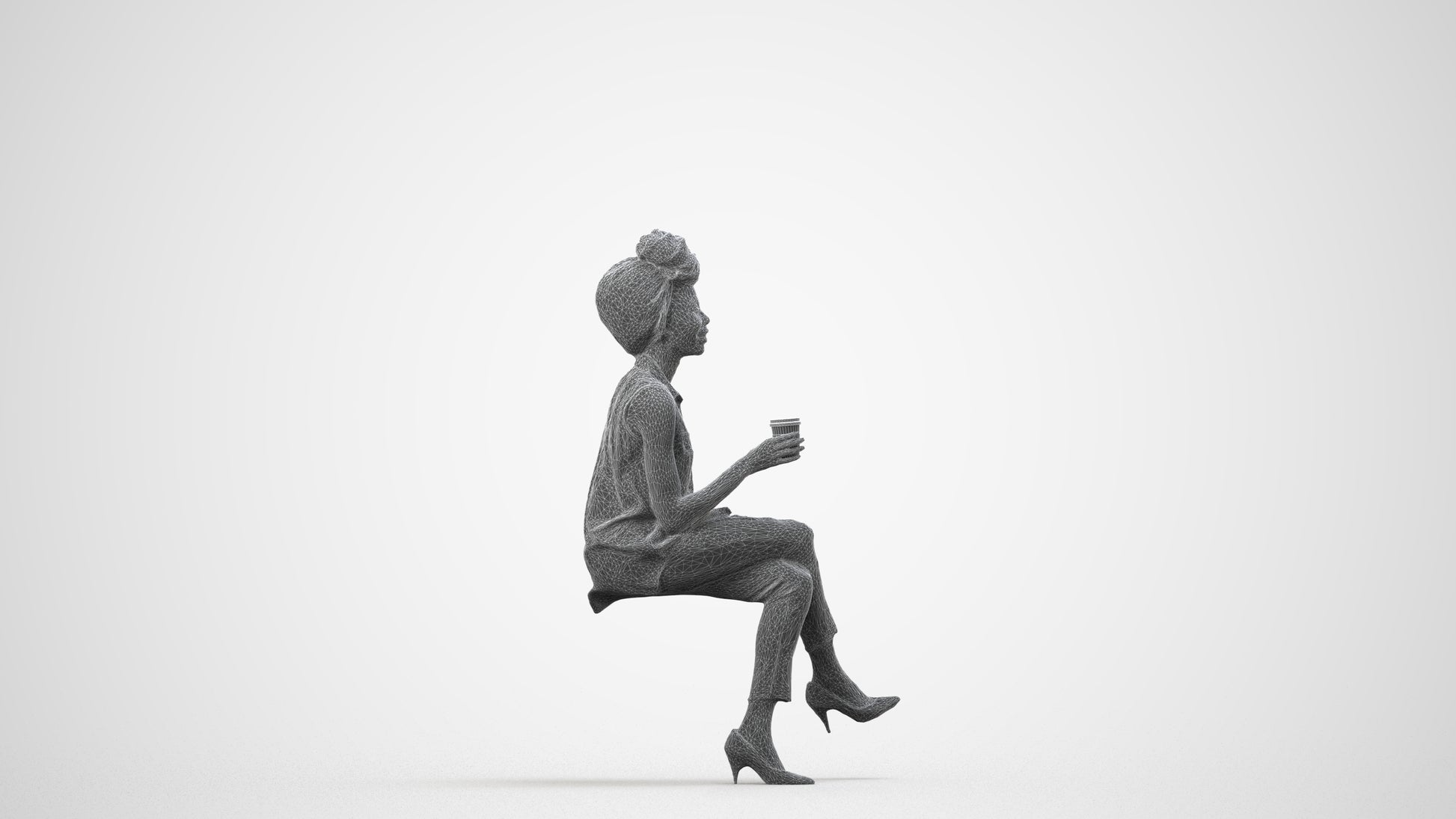photogrammetry 3D woman casual sitting, realistic human model archviz FBX, wireframe side view