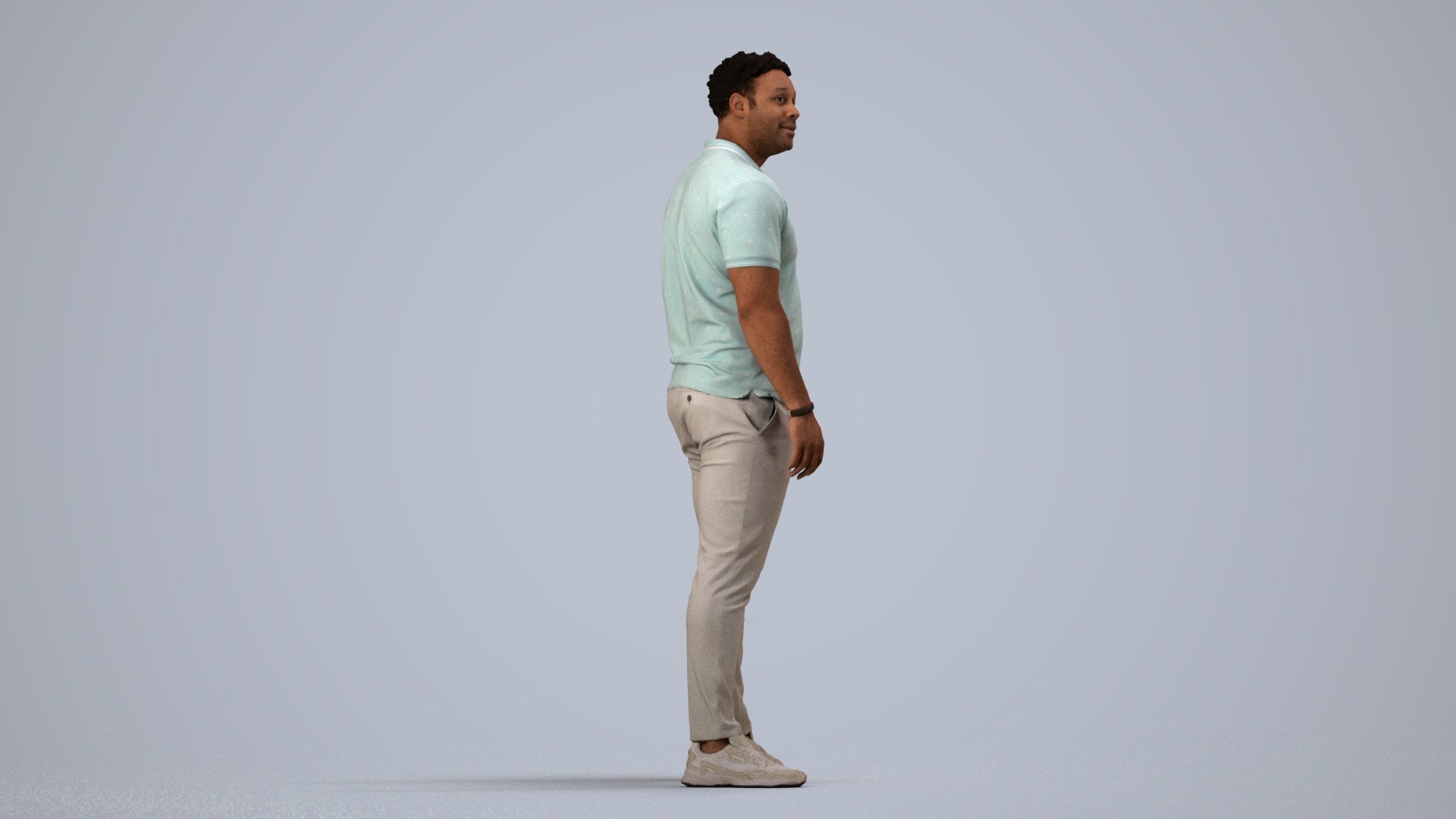 3D human model man casual standing, photogrammetry scanned person for archviz, side view render