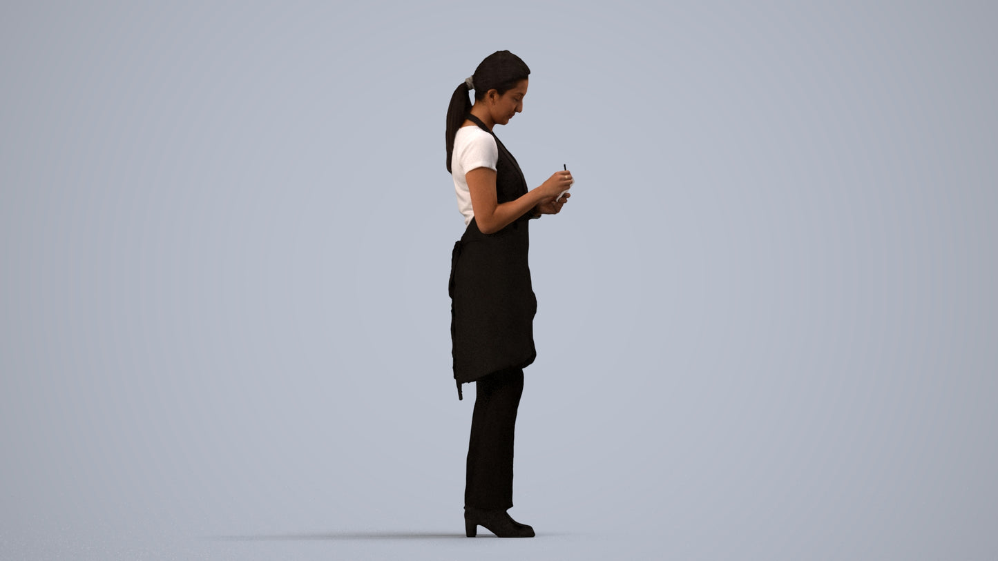 3D human model woman hospitality, photogrammetry scanned person for archviz, side view render