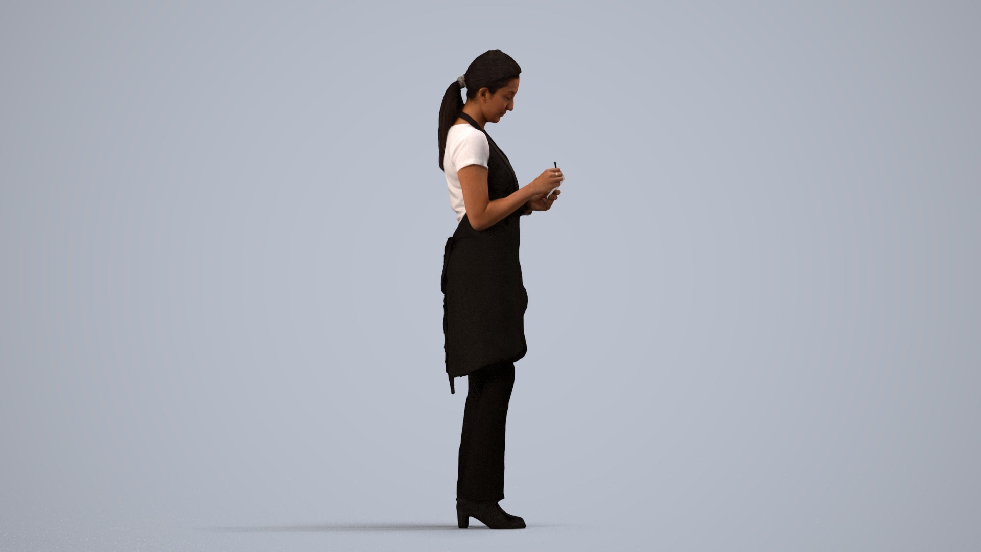 3D human model woman hospitality, photogrammetry scanned person for archviz, side view render