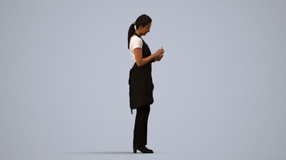 3D human model woman hospitality, photogrammetry scanned person for archviz, side view render