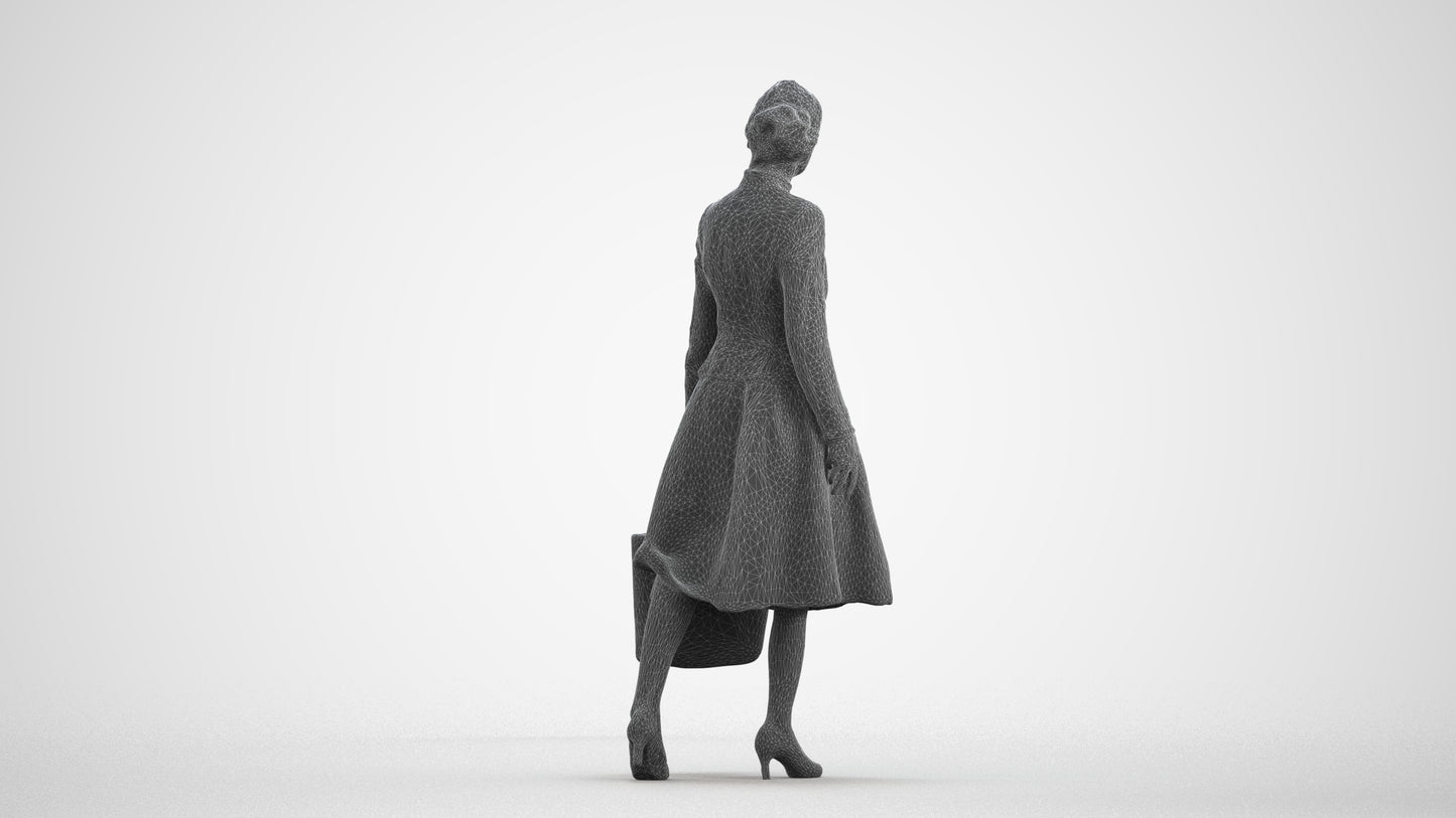3D scanned senior woman standing business, photorealistic archviz people for Enscape and SketchUp, wireframe front view