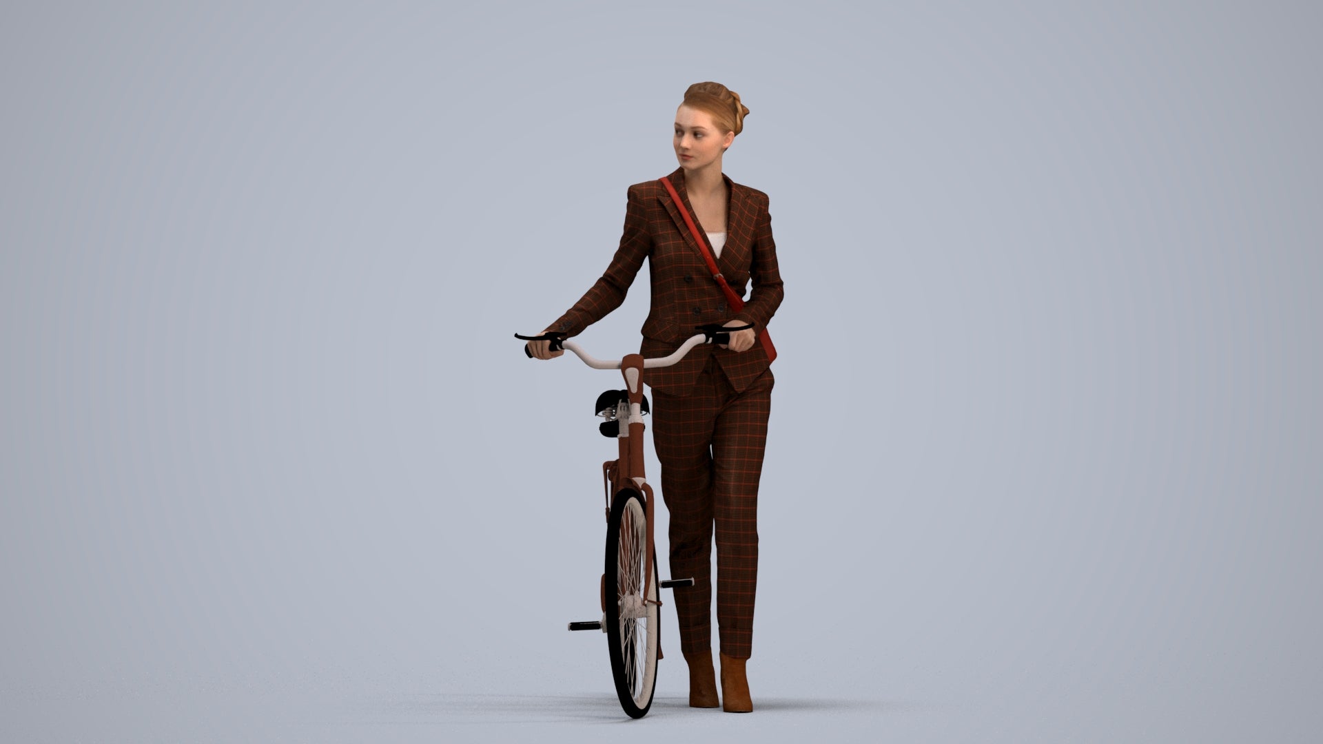 realistic 3D human woman business cycling, archviz people FBX OBJ for Blender, standing pose render