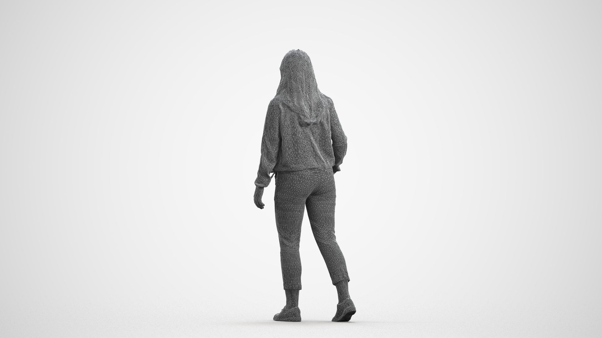 3D scanned woman walking casual, photorealistic archviz people for Enscape and SketchUp, wireframe front view