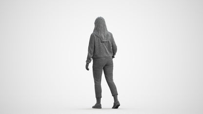 3D scanned woman walking casual, photorealistic archviz people for Enscape and SketchUp, wireframe front view