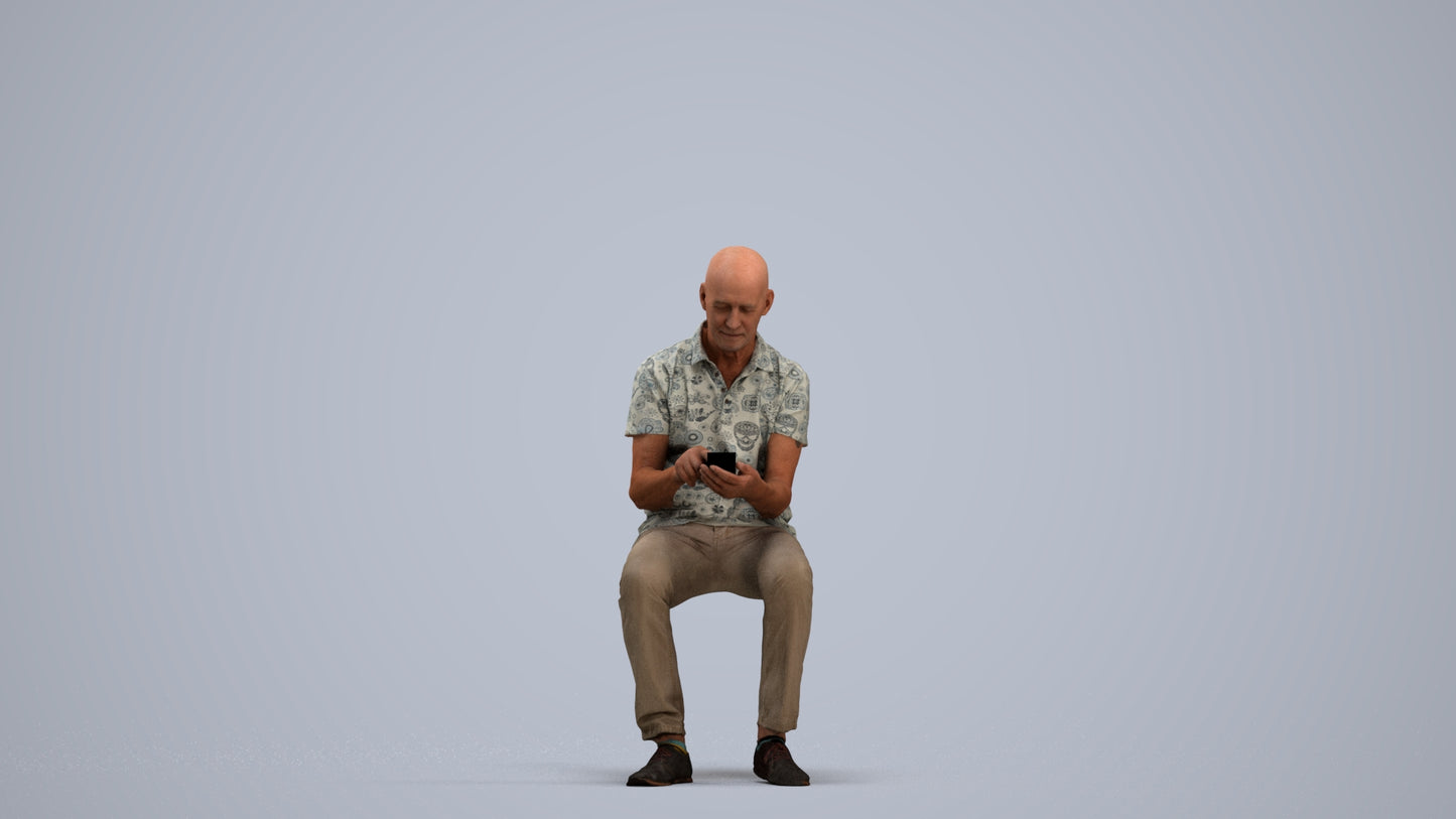 realistic 3D senior man casual sitting, scanned archviz people for Blender and 3ds Max, standing pose render