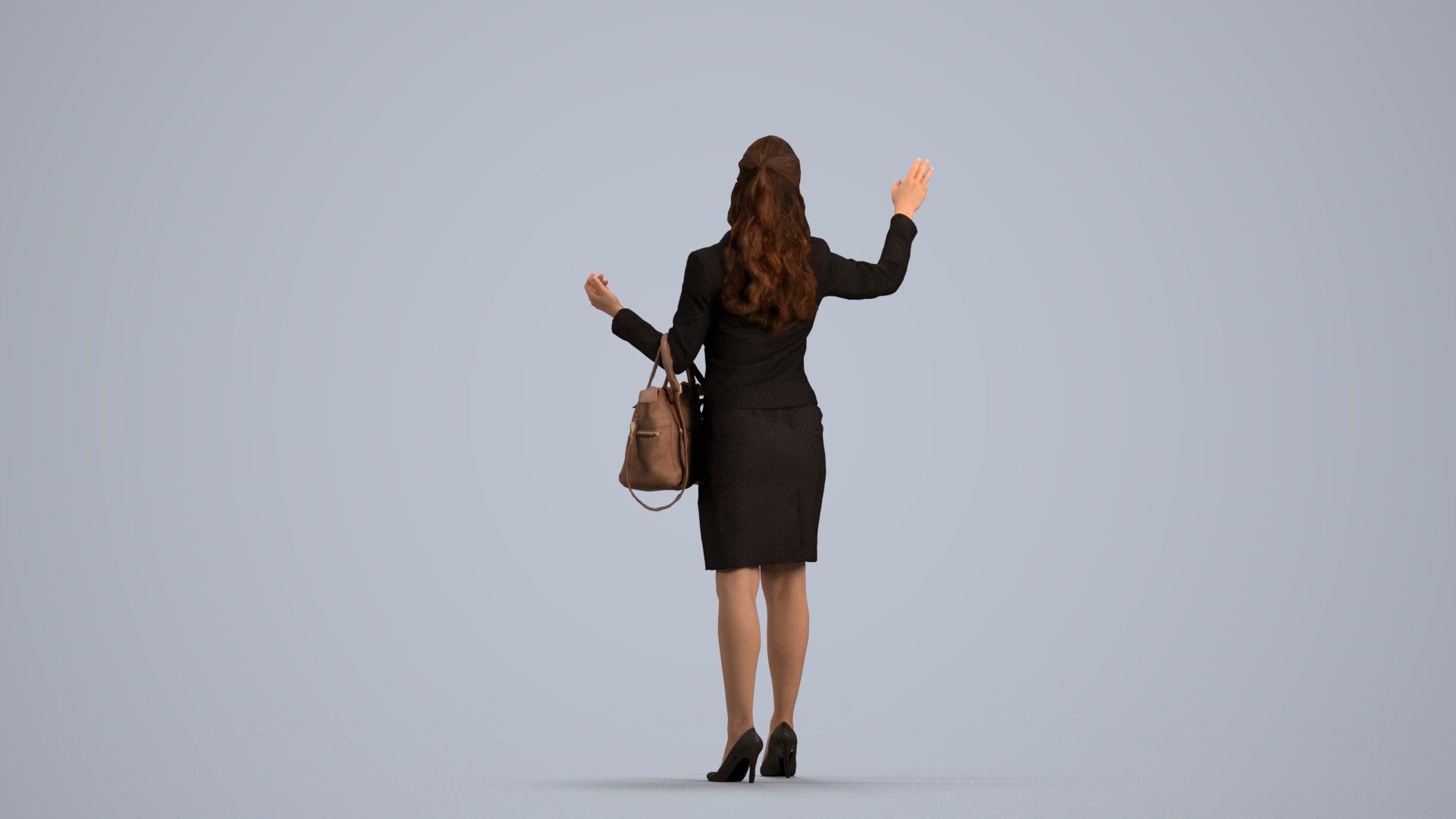 3D human model woman business standing, photogrammetry scanned person for archviz, front view render