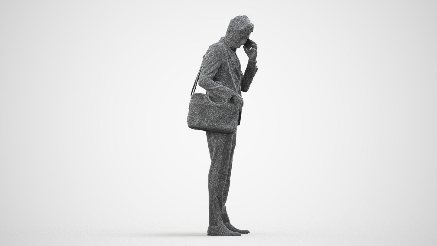 3D human model man business, photogrammetry scanned person for archviz, wireframe side view